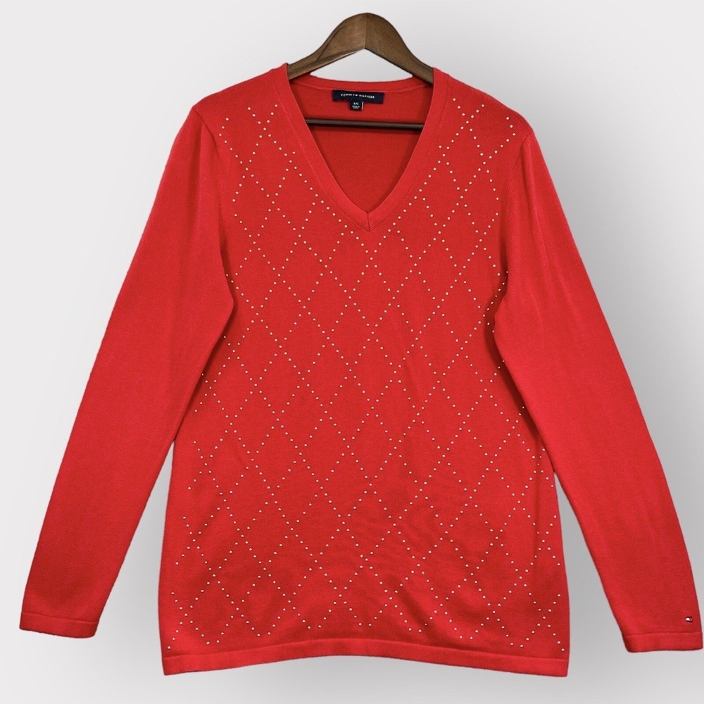 Tommy Hilfiger Sweater Womens Large Red Studded Argyle V-Neck Cotton Excellent